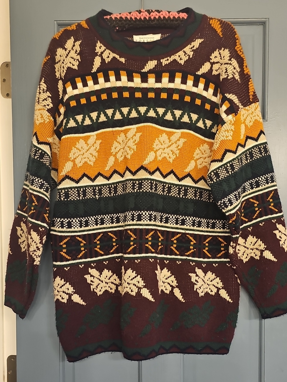 Forelli Knit Sweater Mustard, Burgundy Green Cable 1x Men Women 80s Vintage